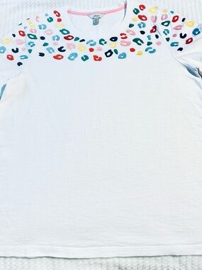 Joules Embroidered Multicolored Leopard Print Crew White Tee